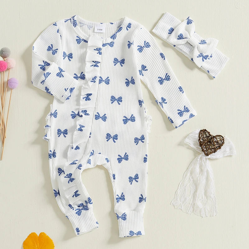 FOCUSNORM Newborn Baby Girls Boys Fall Footies Romper Sets Ruffle Long Sleeve Bow/Flowers Print Jumpsuit with Headband