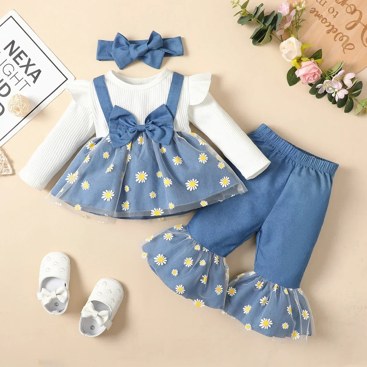 Newborn Baby Girls Clothes Set Pink Toddler Ruffle Tops Heart Print Bow Trousers Princess Casual Infant Outfits Clothes Suit