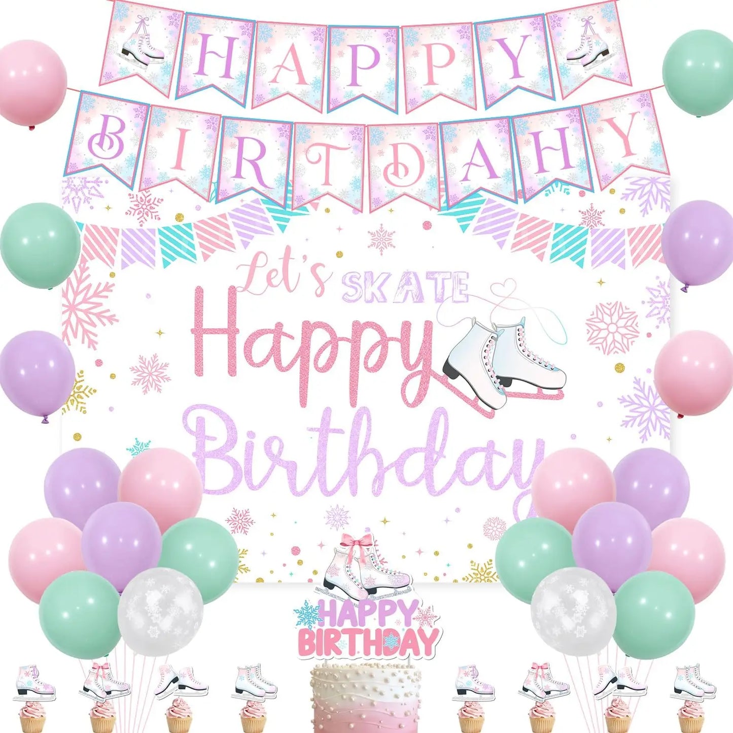 Ice Skating Birthday Party Decor Roller Skate Let’s Skate Happy Birthday Backdrop,Skating Ice Sports Birthday Party Supplies
