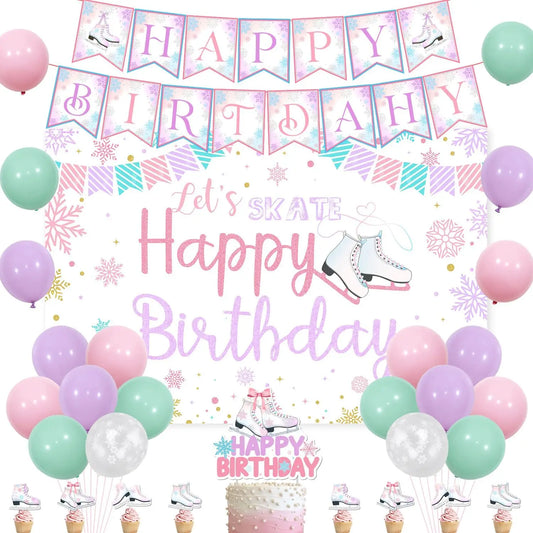Ice Skating Birthday Party Decor Roller Skate Let’s Skate Happy Birthday Backdrop,Skating Ice Sports Birthday Party Supplies