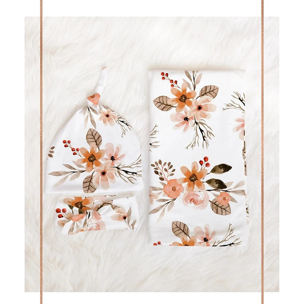 3 Piece Set Floral Newborn Wrap for Photo Shooting Swaddle Wrap with Hat And Bow Headband Infant Photography Props