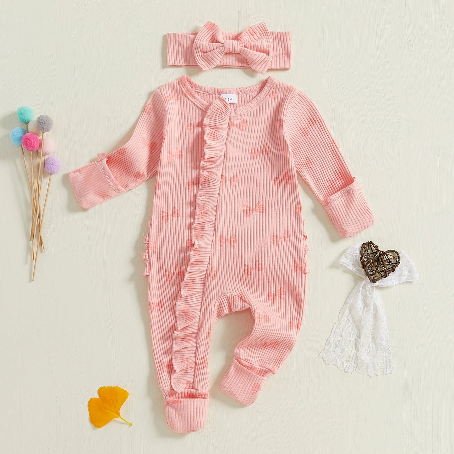 FOCUSNORM Newborn Baby Girls Boys Fall Footies Romper Sets Ruffle Long Sleeve Bow/Flowers Print Jumpsuit with Headband