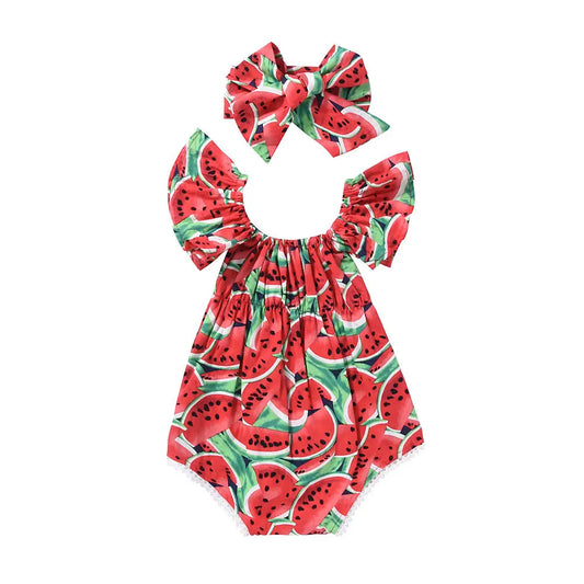 Cute Newborn Baby Girl Clothes Sets Sleeveless Watermelon Print Romper Headband 2pcs Outfit Toddler Summer Clothing for 0-24M