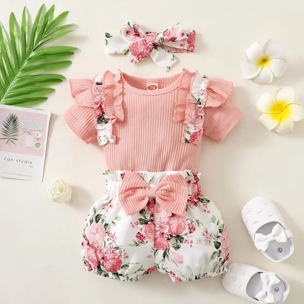 Newborn Baby Girls Clothes Set Pink Toddler Ruffle Tops Heart Print Bow Trousers Princess Casual Infant Outfits Clothes Suit