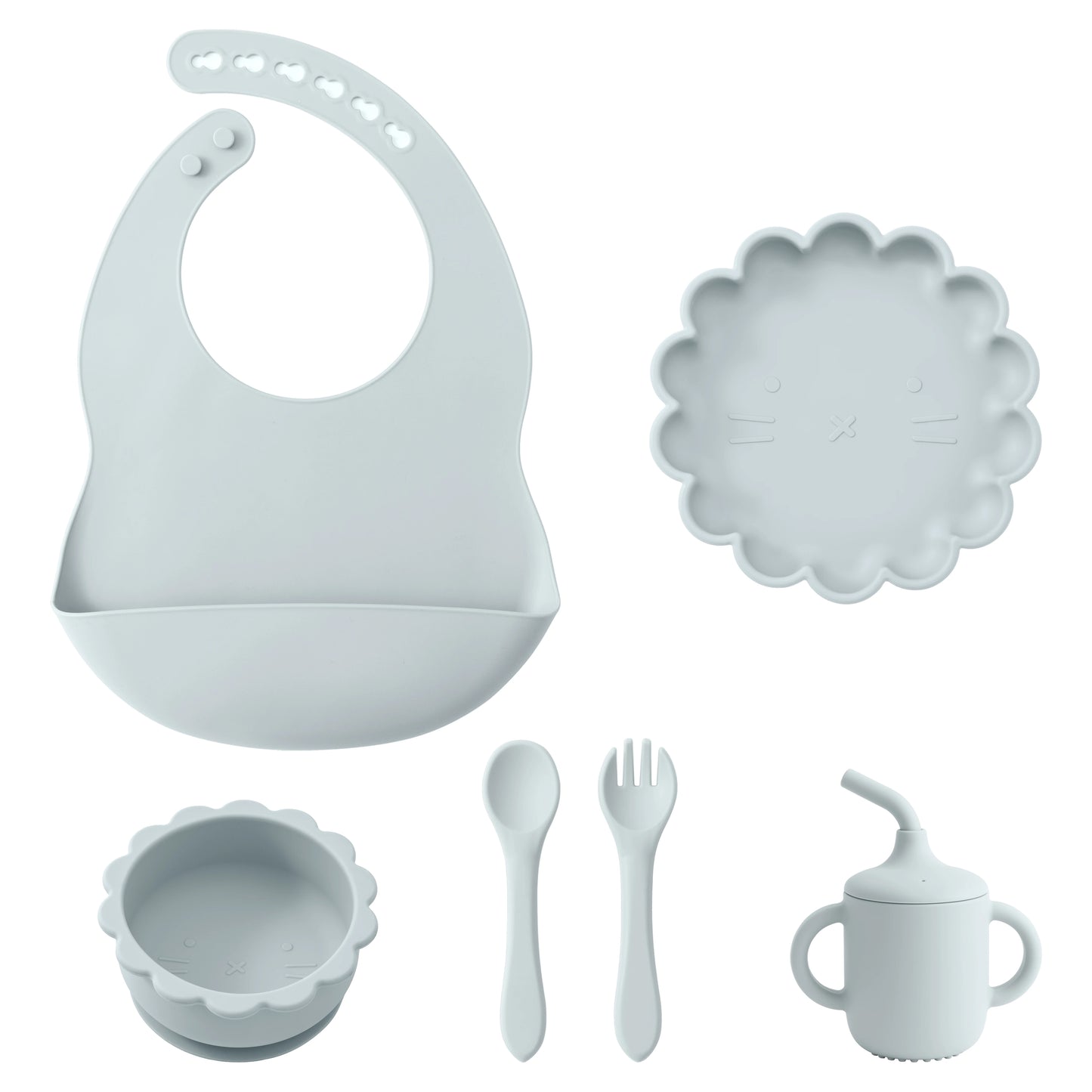 Color Kids Baby Feeding Set Solid Color Utensils Waterproof Bib Cartoon Lion Shape Sucker Dishes Plate Feeding Bowl Spoon Cup
