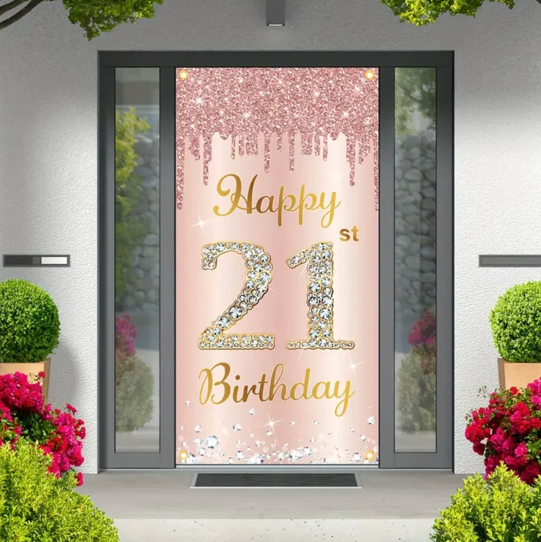 Happy Birthday Theme Party Decor Door Cover 18th 21th 30th 40th 50th 60th 80th Pink Rose Sweet 16th Party Decorative Backdrops