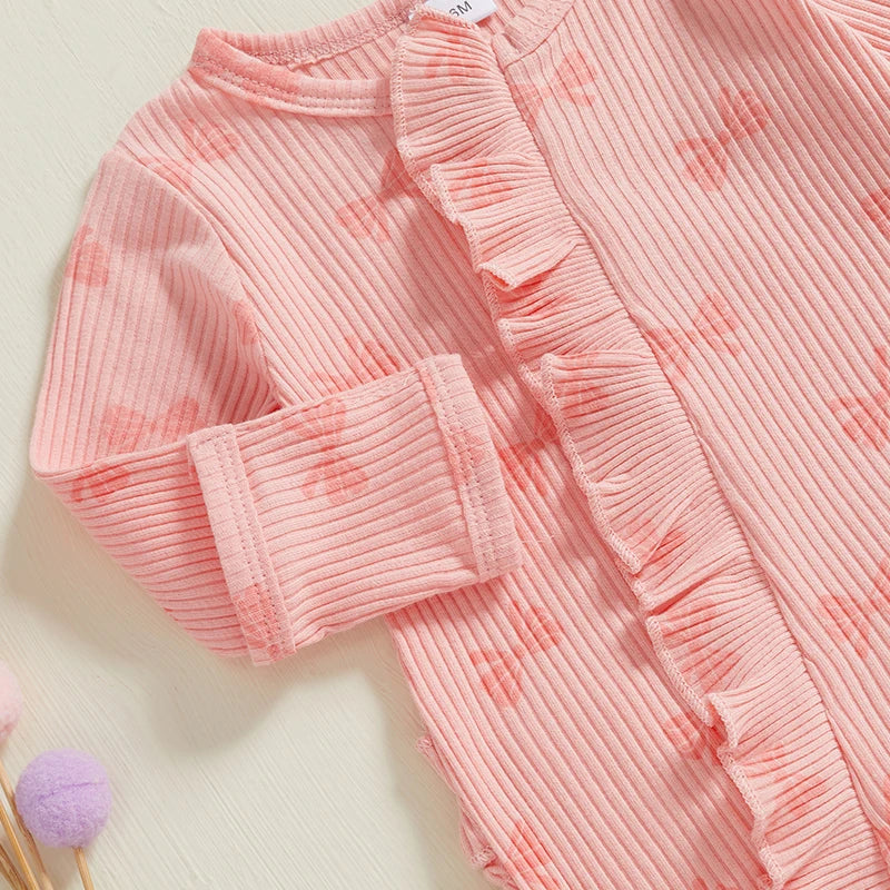 FOCUSNORM Newborn Baby Girls Boys Fall Footies Romper Sets Ruffle Long Sleeve Bow/Flowers Print Jumpsuit with Headband