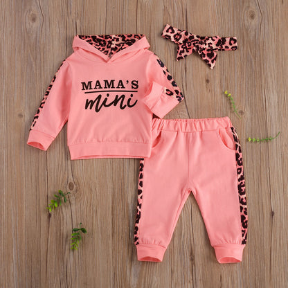 Infant Baby Girl Long-sleeved Trousers Suit Letter Hooded T-shirt Leopard Stitching Long Pants Headband 3Pcs Clothes Spring Fall