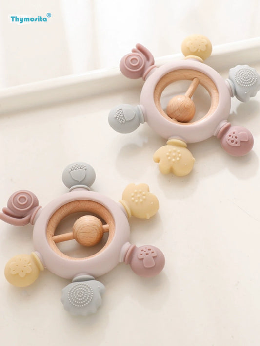 Baby Silicone Beech Teether Baby's Holding Ball Rattle Prevent Hand Sucking Grip Training Happy Bite Molar Rod