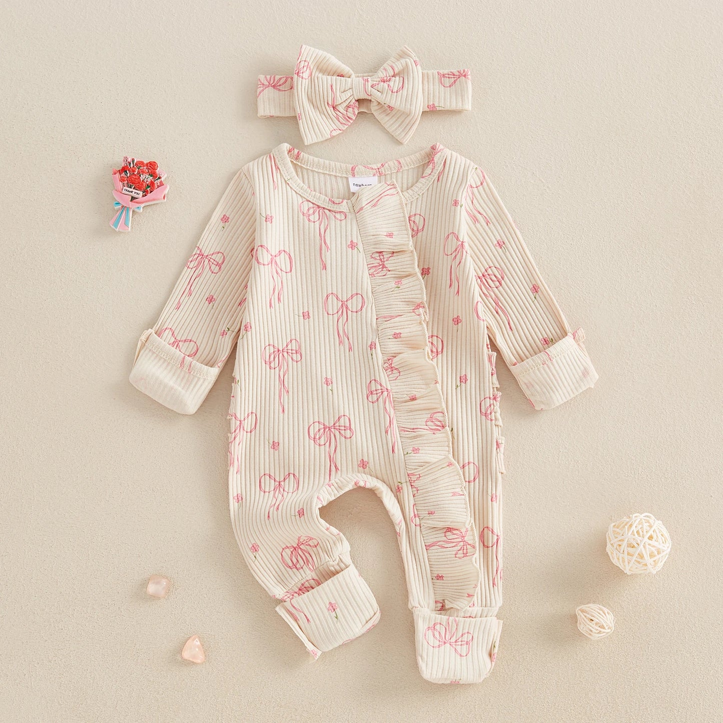 FOCUSNORM 0-6M Newborn Baby Girl Boys Fall Romper Sets 2pcs Bow Long Sleeve Full Length Zipper Front Ribbed Jumpsuit Headband