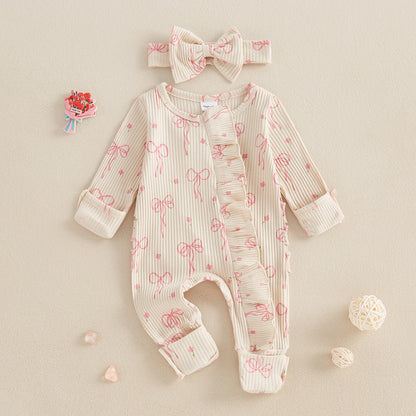 FOCUSNORM 0-6M Newborn Baby Girl Boys Fall Romper Sets 2pcs Bow Long Sleeve Full Length Zipper Front Ribbed Jumpsuit Headband