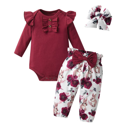 3pcs Newborn Baby Girl Casual Clothes Set Ruffles Knitted Long Sleeve Bodysuit + infant Pants + Headband Solid Color Outfits