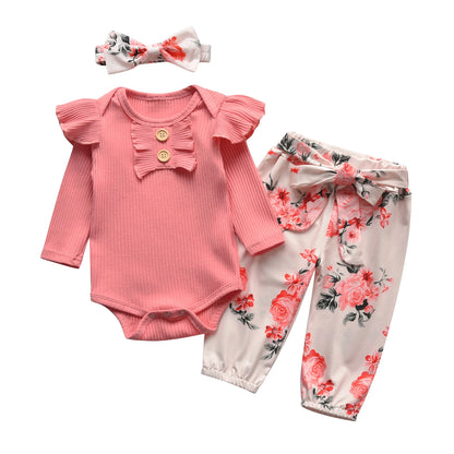 3pcs Newborn Baby Girl Casual Clothes Set Ruffles Knitted Long Sleeve Bodysuit + infant Pants + Headband Solid Color Outfits