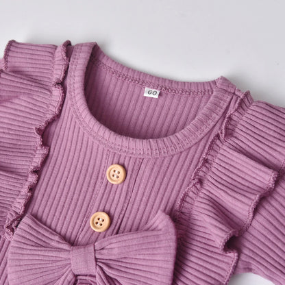 3pcs Newborn Baby Girl Casual Clothes Set Ruffles Knitted Long Sleeve Bodysuit + infant Pants + Headband Solid Color Outfits