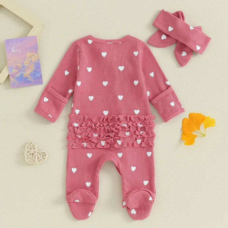 Pudcoco Baby Girls Foot Cover Jumpsuit Long Sleeve Crew Neck Heart Print Ruffle Zipper Footies with Headband 0-6M