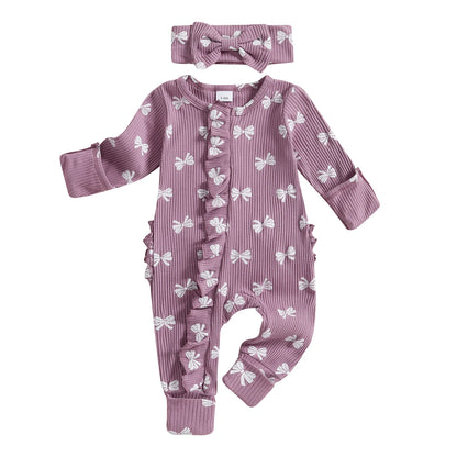 FOCUSNORM Newborn Baby Girls Boys Fall Footies Romper Sets Ruffle Long Sleeve Bow/Flowers Print Jumpsuit with Headband