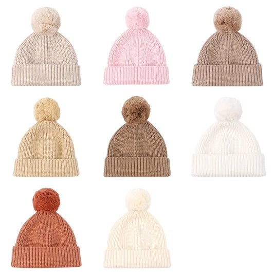 Knitted Winter Warm Hat Baby Hat Cotton Elastic Crochet Hat with Pompoms Bonnet Caps for Newborn Toddler 0-6 Month