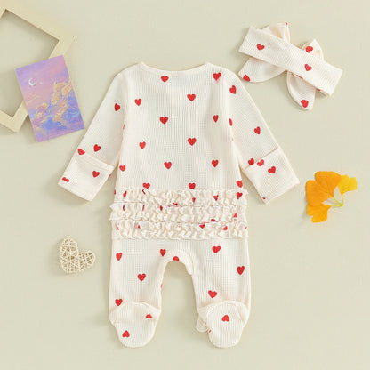 Pudcoco Baby Girls Foot Cover Jumpsuit Long Sleeve Crew Neck Heart Print Ruffle Zipper Footies with Headband 0-6M