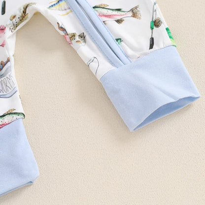 Lioraitiin Baby Boys Autumn Casual Romper Long Sleeve Crew Neck Fish Print Oblique Zipper Jumpsuit