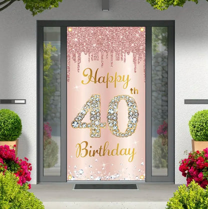 Happy Birthday Theme Party Decor Door Cover 18th 21th 30th 40th 50th 60th 80th Pink Rose Sweet 16th Party Decorative Backdrops