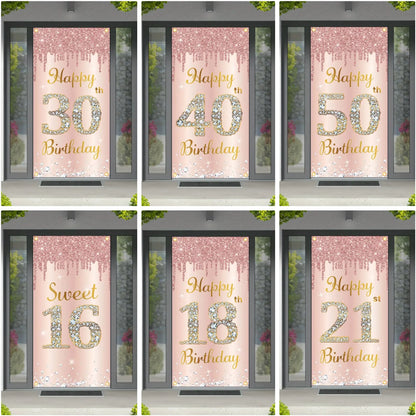 Happy Birthday Theme Party Decor Door Cover 18th 21th 30th 40th 50th 60th 80th Pink Rose Sweet 16th Party Decorative Backdrops