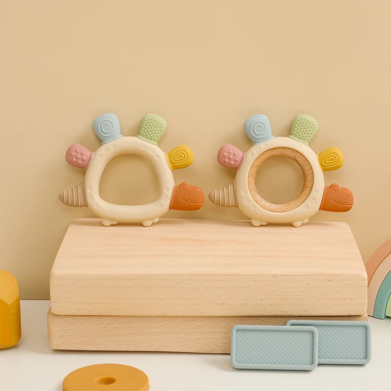 Baby Silicone Wooden Teethers Cartoon Stegosaurus Design Teething Chewing Toys for Infants Care Teether Toy Newborn Accessories