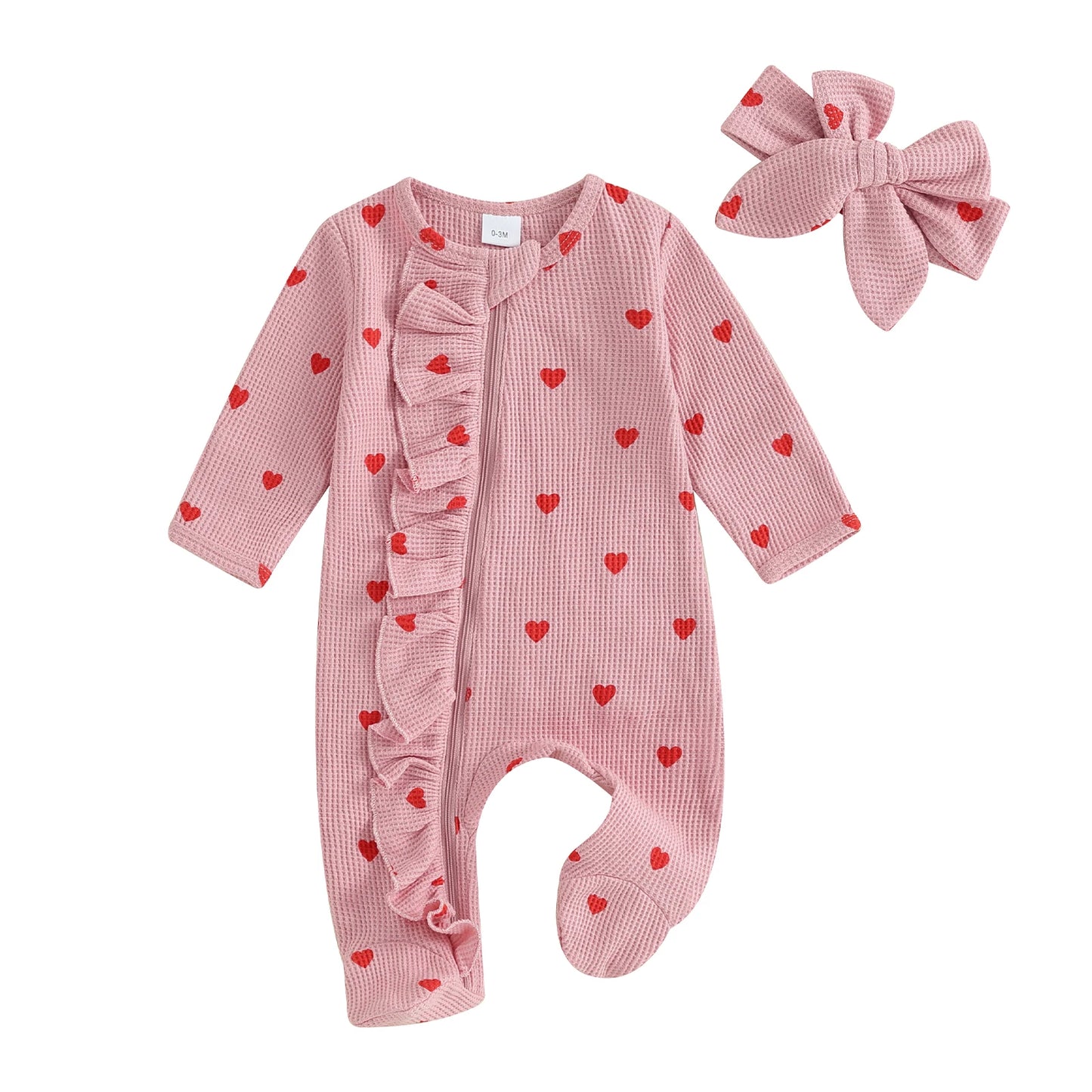 Pudcoco Baby Girls Foot Cover Jumpsuit Long Sleeve Crew Neck Heart Print Ruffle Zipper Footies with Headband 0-6M