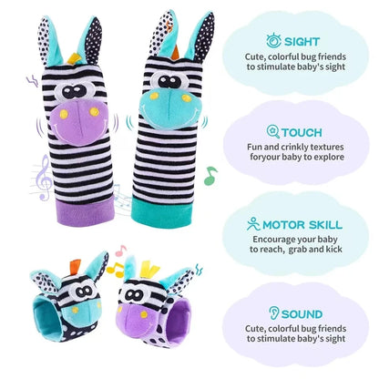 4pcs Baby Rattle Toys Cute Stuffed Animals Wrist Rattle Foot Finder Socks 0~24 Months for Infant Boy Girl Newborn Gift