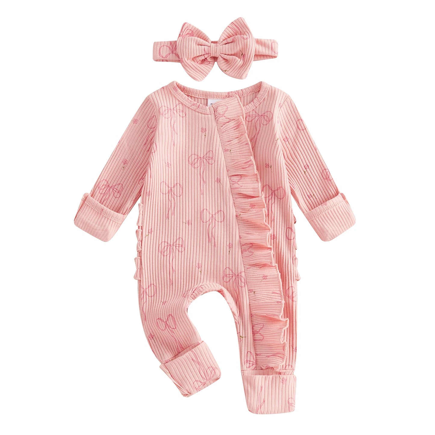 FOCUSNORM 0-6M Newborn Baby Girl Boys Fall Romper Sets 2pcs Bow Long Sleeve Full Length Zipper Front Ribbed Jumpsuit Headband