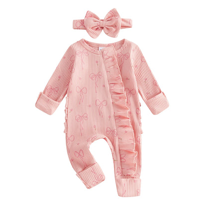 FOCUSNORM 0-6M Newborn Baby Girl Boys Fall Romper Sets 2pcs Bow Long Sleeve Full Length Zipper Front Ribbed Jumpsuit Headband