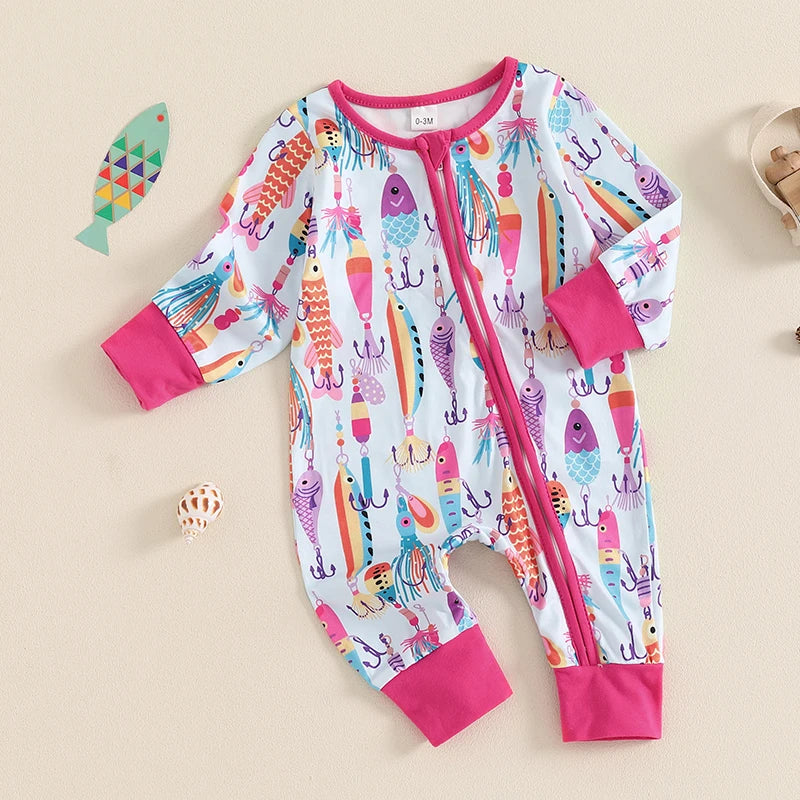 Lioraitiin Baby Boys Autumn Casual Romper Long Sleeve Crew Neck Fish Print Oblique Zipper Jumpsuit