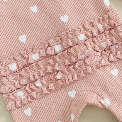 Pudcoco Baby Girls Foot Cover Jumpsuit Long Sleeve Crew Neck Heart Print Ruffle Zipper Footies with Headband 0-6M