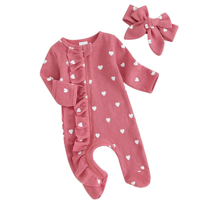Pudcoco Baby Girls Foot Cover Jumpsuit Long Sleeve Crew Neck Heart Print Ruffle Zipper Footies with Headband 0-6M