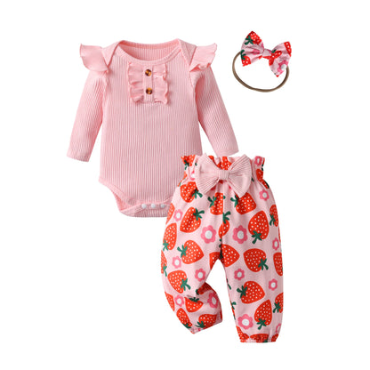 3pcs Newborn Baby Girl Casual Clothes Set Ruffles Knitted Long Sleeve Bodysuit + infant Pants + Headband Solid Color Outfits