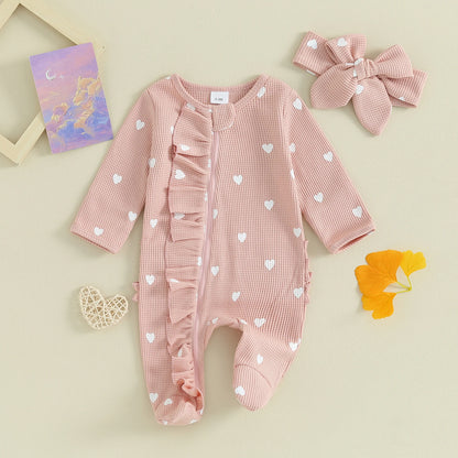 Pudcoco Baby Girls Foot Cover Jumpsuit Long Sleeve Crew Neck Heart Print Ruffle Zipper Footies with Headband 0-6M