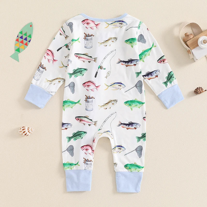 Lioraitiin Baby Boys Autumn Casual Romper Long Sleeve Crew Neck Fish Print Oblique Zipper Jumpsuit