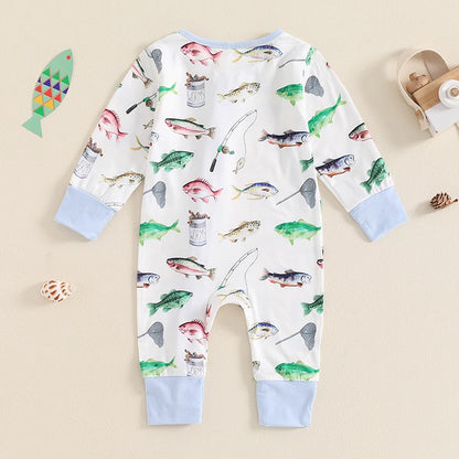 Lioraitiin Baby Boys Autumn Casual Romper Long Sleeve Crew Neck Fish Print Oblique Zipper Jumpsuit