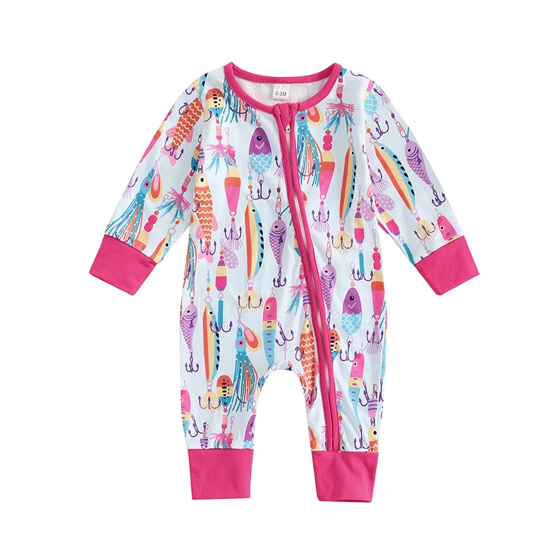 Lioraitiin Baby Boys Autumn Casual Romper Long Sleeve Crew Neck Fish Print Oblique Zipper Jumpsuit