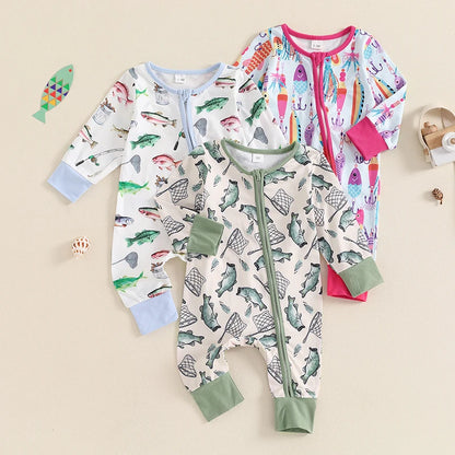Lioraitiin Baby Boys Autumn Casual Romper Long Sleeve Crew Neck Fish Print Oblique Zipper Jumpsuit