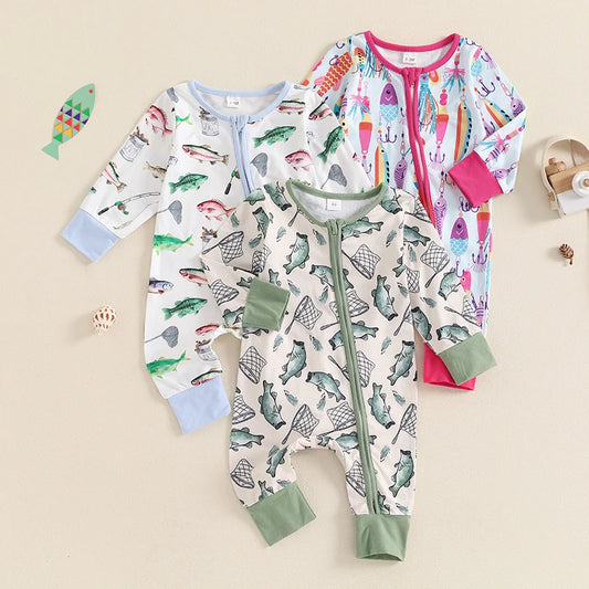Lioraitiin Baby Boys Autumn Casual Romper Long Sleeve Crew Neck Fish Print Oblique Zipper Jumpsuit