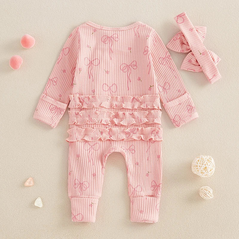 FOCUSNORM 0-6M Newborn Baby Girl Boys Fall Romper Sets 2pcs Bow Long Sleeve Full Length Zipper Front Ribbed Jumpsuit Headband