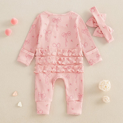 FOCUSNORM 0-6M Newborn Baby Girl Boys Fall Romper Sets 2pcs Bow Long Sleeve Full Length Zipper Front Ribbed Jumpsuit Headband