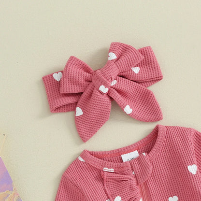 Pudcoco Baby Girls Foot Cover Jumpsuit Long Sleeve Crew Neck Heart Print Ruffle Zipper Footies with Headband 0-6M