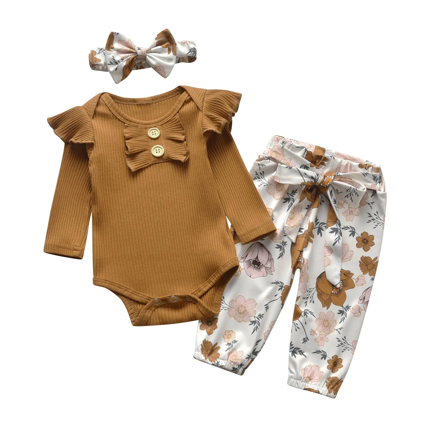 3pcs Newborn Baby Girl Casual Clothes Set Ruffles Knitted Long Sleeve Bodysuit + infant Pants + Headband Solid Color Outfits