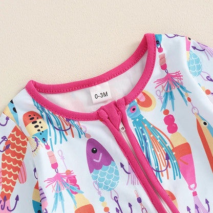Lioraitiin Baby Boys Autumn Casual Romper Long Sleeve Crew Neck Fish Print Oblique Zipper Jumpsuit