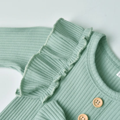 3pcs Newborn Baby Girl Casual Clothes Set Ruffles Knitted Long Sleeve Bodysuit + infant Pants + Headband Solid Color Outfits
