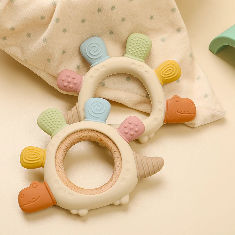Baby Silicone Wooden Teethers Cartoon Stegosaurus Design Teething Chewing Toys for Infants Care Teether Toy Newborn Accessories