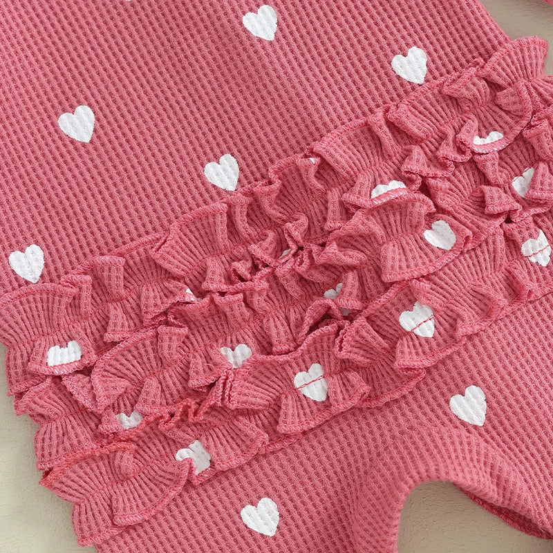Pudcoco Baby Girls Foot Cover Jumpsuit Long Sleeve Crew Neck Heart Print Ruffle Zipper Footies with Headband 0-6M