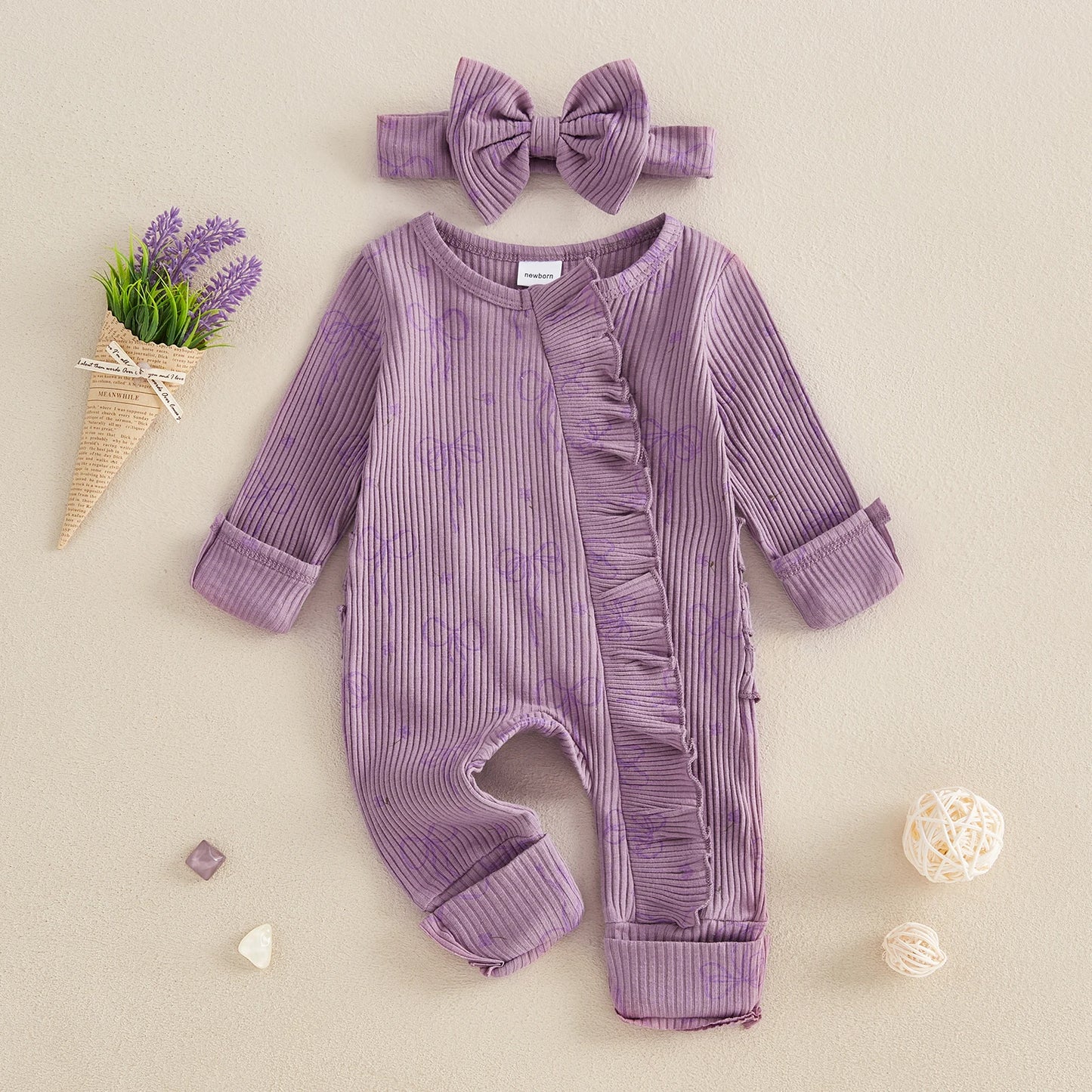FOCUSNORM 0-6M Newborn Baby Girl Boys Fall Romper Sets 2pcs Bow Long Sleeve Full Length Zipper Front Ribbed Jumpsuit Headband