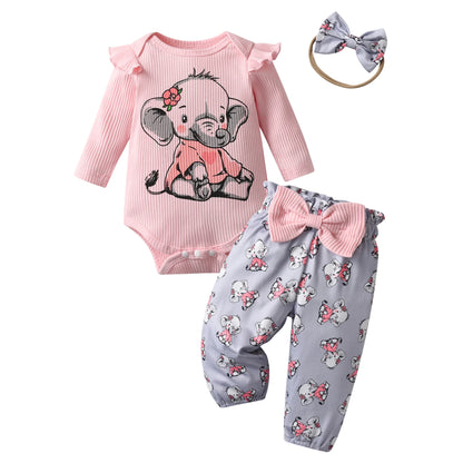 3pcs Newborn Baby Girl Casual Clothes Set Ruffles Knitted Long Sleeve Bodysuit + infant Pants + Headband Solid Color Outfits